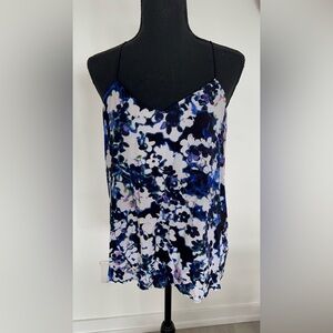 Floral Print Satin Cami Tank Top in Blue and White